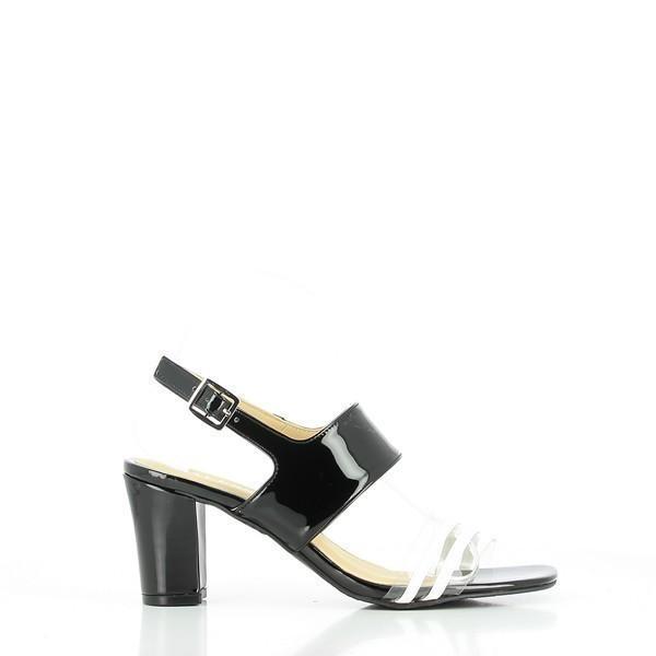 The Dalessi Duplex Black Slingback Sandals feature a sleek design with contrasting black and white leather straps, offering a clean and modern profile.