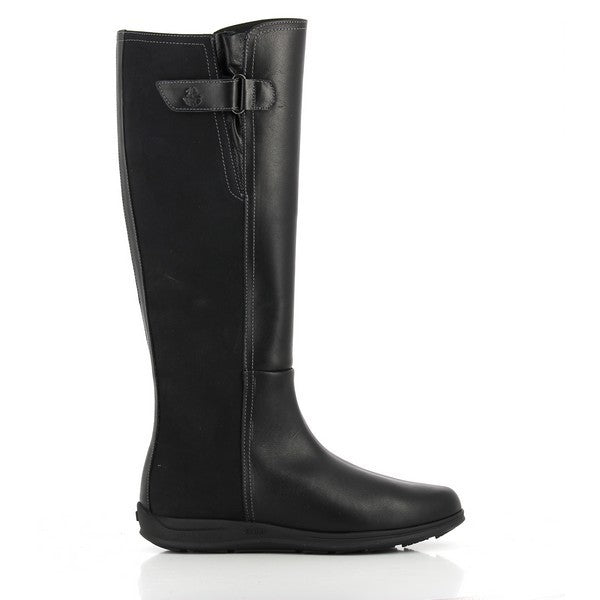 The 24 Hrs 22966 Black Long Boots are shown from the side, showcasing the sleek black leather upper and elegant, tall silhouette. The round toe design and flat heel-platform provide a classic and comfortable look.