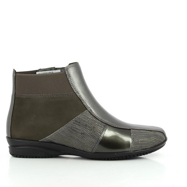 The 24 Hrs 22982 Pewter Charcoal Ankle Boots are displayed from the side, showcasing their sleek pewter charcoal leather upper and modern ankle-height design. The flat heel-platform and round toe provide a sophisticated, comfortable look.