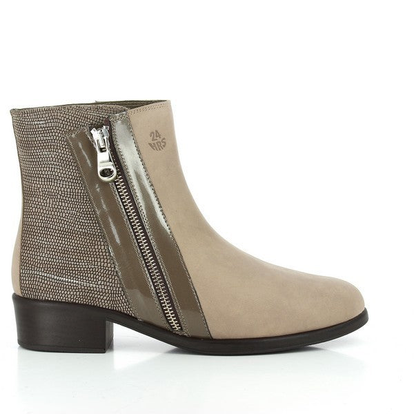 A pair of 24 Hrs 23036 Taupe Ankle Boots featuring a sleek nubuck leather upper and an eye-catching snake print leather heel. These boots are designed with a round toe and a practical lateral zipper for easy wear. The leather lining and synthetic sole ensure lasting comfort and durability. Made in Spain, they embody the sophisticated craftsmanship of 24 Hrs.
