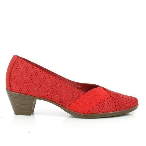 A pair of 24 Hrs 23166 Red Low Heel Pumps featuring a vibrant red leather upper with a classic round toe. These women’s shoes are designed with a 4.5 cm heel-platform for a stylish lift and a comfortable fit. Lined with soft leather and set on a durable synthetic sole, they combine elegance with enduring comfort. Made in Spain, they exemplify 24 Hrs’ dedication to high-quality craftsmanship.