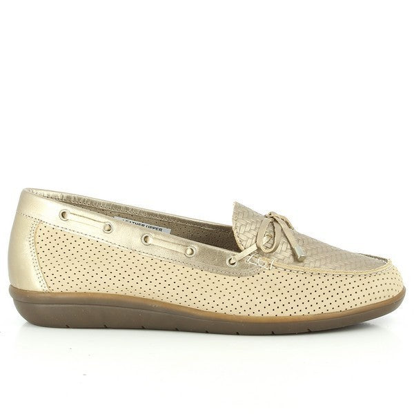 A pair of 24 Hrs 23213 Gold Loafers for women is elegantly displayed on a neutral background. The loafers feature a luxurious gold leather upper with a sleek finish, soft leather lining, and a durable synthetic sole. The design includes a classic round toe and a comfortable 2 cm heel-platform, showcasing the refined craftsmanship and stylish appeal made in Spain.