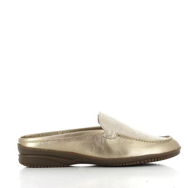 A pair of 24 Hrs 23550 Desert Gold Slide-On Loafers showcased on a neutral background. The loafers feature a striking desert gold leather upper with a smooth, glossy finish. The design includes a round toe and a modest 2.5 cm heel-platform, providing a subtle lift. The soft leather lining is visible, emphasizing comfort, while the synthetic sole offers durability and grip. The handcrafted quality of these Spanish-made women's shoes is evident in their elegant and timeless appearance.