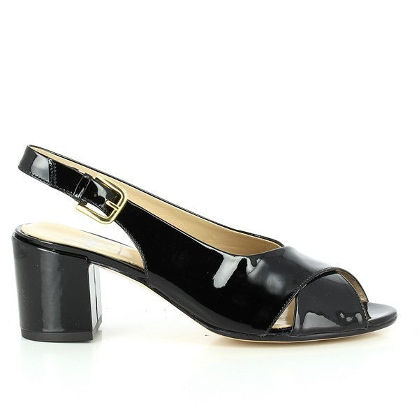 A pair of Amalfi Lorella Black Slingback Sandals are elegantly displayed on a clean, neutral background. The sandals feature a sleek black leather upper with an adjustable slingback strap that wraps around the heel, ensuring a secure fit. The design is minimalistic yet refined, showcasing the high-quality craftsmanship. A 6cm heel-platform adds a touch of height, enhancing the elegant silhouette of the sandals. The sole is made from durable synthetic material, providing both stability and comfort. The soft