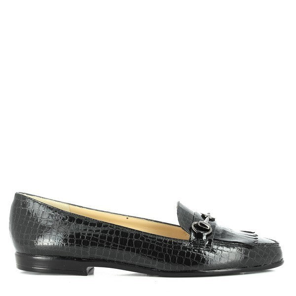 The Amalfi Oristano Black Loafers are showcased from various angles to highlight their refined design. The side view captures the sleek black leather upper and the classic loafer silhouette. The angled shot emphasizes the 1.5cm heel-platform and the smooth lines of the shoe. The back view displays the clean, elegant rear profile, while the inside view reveals the soft leather lining, underscoring the luxurious comfort and craftsmanship of these Italian-made loafers.