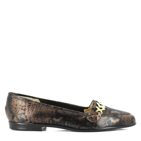 The side of the loafer highlights the sleek bronze leather finish and the elegant, understated design.