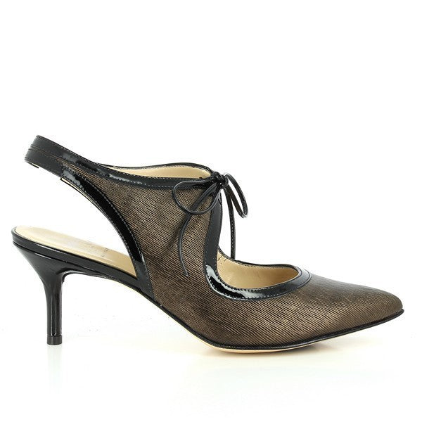 The Amalfi Picasso Brown & Black Heels are featured in this photo, highlighting their elegant two-tone design. The upper showcases a refined combination of rich brown and sleek black leather, creating a sophisticated contrast. The 7cm heel adds height and elegance, while the shoe’s clean lines and luxurious leather lining are visible, emphasizing the meticulous Italian craftsmanship. The synthetic sole provides a subtle yet durable foundation, ensuring the shoe’s longevity. The neutral background accentuate