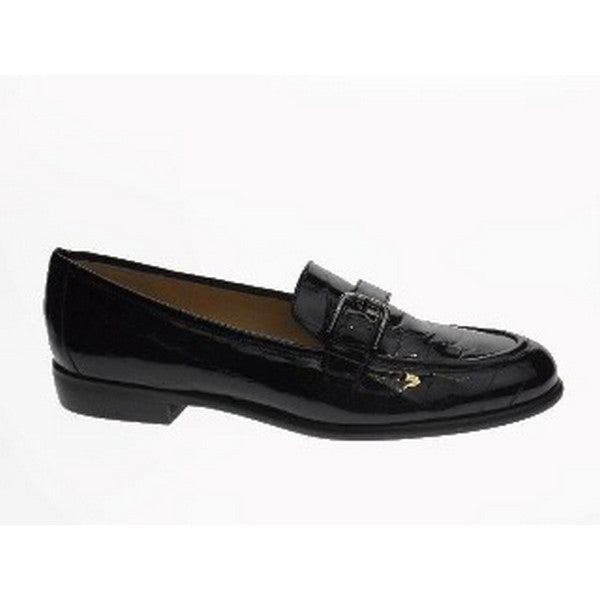 The photo captures the Amalfi Toscana Black Loafers from the side, showcasing the sleek black leather upper and the elegant, low-profile design. The refined silhouette emphasizes the classic style of the loafer.
