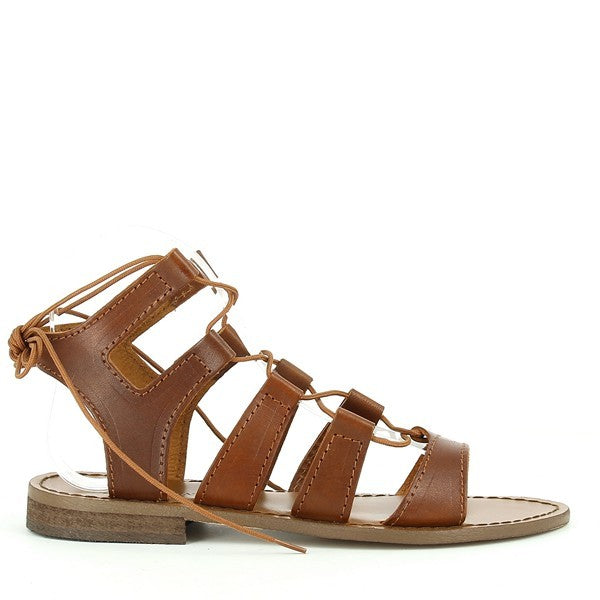 The photo captures the Antichi Romani 348 Cuio Tan Gladiator Sandals from a slightly elevated angle, showcasing their elegant design. The rich tan leather exudes warmth and sophistication, while the multiple straps create a stylish gladiator look. The round toe shape is clearly visible, contributing to the shoe's classic appeal. The sandals feature meticulously crafted stitching, highlighting the brand's commitment to quality.