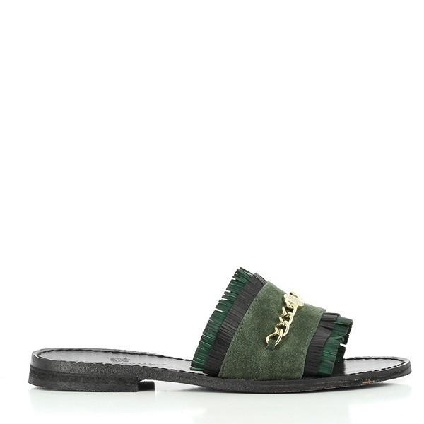 The Antichi Romani 839 Bottiglia Green Slides are elegantly arranged against a soft, neutral background, showcasing their refined design and rich color. The lush green leather upper glistens softly, highlighting the quality of the material. The minimalist cross-strap design elegantly hugs the foot, offering a blend of style and comfort. A round toe shape adds a classic touch, while the subtle 1cm heel-platform height provides a gentle lift.