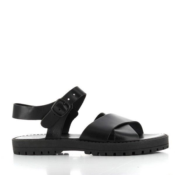 A pair of Antichi Romani 160 Black Slingback Sandals is showcased against a subtle, neutral background. The sandals feature sleek black leather straps that elegantly cross over the toes, complemented by a slim slingback strap around the heel. The design includes a modest 2 cm heel, adding a touch of elevation. The round toe and smooth leather finish highlight the craftsmanship and sophistication of these sandals. The synthetic sole is slightly textured for durability.