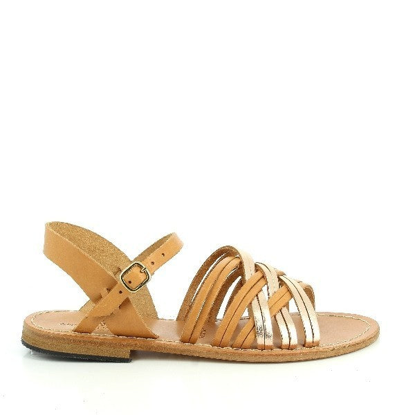 The photo features the Antichi Romani 319 Slingback Sandals in a luxurious tan and gold color combination. The sandals are elegantly positioned on a light, textured surface, highlighting the rich tan leather upper contrasted with shimmering gold accents. The adjustable slingback strap adds sophistication and ensures a secure fit, while the round toe shape maintains a classic silhouette. The 1.5 cm platform heel offers subtle elevation, making these sandals a stylish yet comfortable choice for summer outings