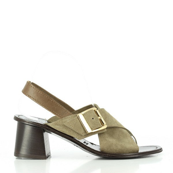 The photo features the **Antichi Romani 404 Taupe Slingback Heels** on a clean, neutral backdrop. The heels are crafted from smooth taupe leather, showcasing their sleek, minimalist design. The slingback strap elegantly wraps around the heel for a secure fit, while the 5 cm heel adds subtle height and sophistication. The round toe gives the shoes a classic and timeless shape, while the high-quality leather and impeccable stitching highlight the expert craftsmanship.