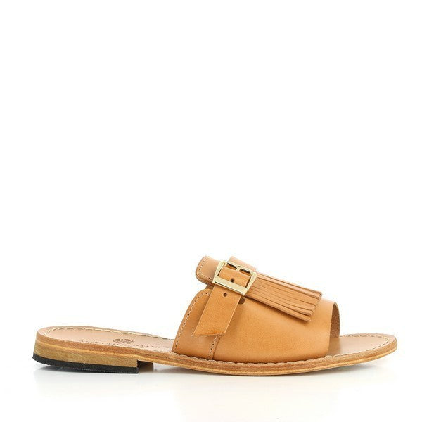 The Antichi Romani 845 Brandy Fringe Slides are elegantly displayed, highlighting their smooth, brandy-coloured leather upper. The classic round toe and open design offer a sleek, minimalist look. The 1cm heel-platform provides subtle elevation, while the synthetic sole ensures durability. The rich leather lining is visible, promising comfort and quality. The side view showcases the clean lines and impeccable craftsmanship of these Italian-made women's shoes, perfect for both casual and dressy occasions.
