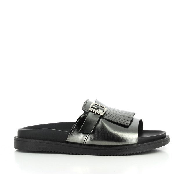 The Antichi Romani 845 Peltro Black Fringe Slides are elegantly displayed, showcasing a sleek black leather upper adorned with stylish fringe detailing that adds a touch of flair. The soft leather lining is visible, promising comfort with each wear. The slides feature a rounded toe design, while the 1cm heel-platform provides a subtle lift, blending comfort and sophistication. The durable synthetic sole is subtly highlighted, ensuring practicality without sacrificing style.