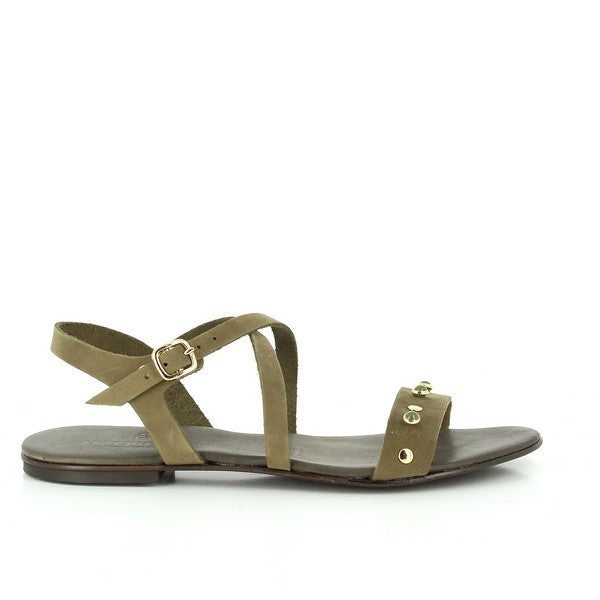 The Antichi Romani 870 Khaki Slingback Sandals are beautifully presented against a light, neutral background that enhances their elegant design. The soft khaki leather upper shines subtly, showcasing the premium quality and craftsmanship that the Italian brand is renowned for. The round toe shape offers a classic appeal, while the adjustable slingback strap provides both support and a modern touch.
