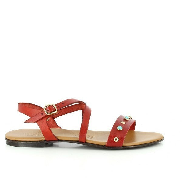 The Antichi Romani 870 Red Slingback Sandals are elegantly displayed against a soft, neutral backdrop that highlights their striking design. The vivid red leather upper shines brightly, showcasing the premium quality and meticulous craftsmanship that the Italian brand is known for. The round toe shape adds a classic touch, while the adjustable slingback strap ensures a comfortable and secure fit.