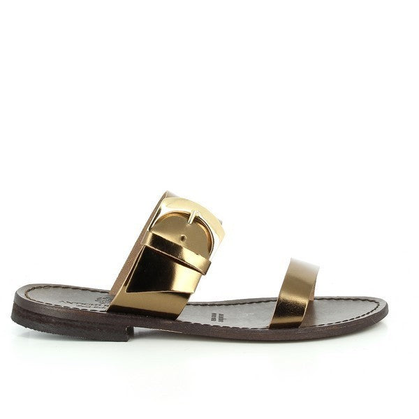 The image showcases a pair of Antichi Romani 926 Bronze Two-Strap Slides, elegantly placed on a soft, neutral backdrop. The rich bronze leather straps catch the light, highlighting the sleek, minimal design. The smooth leather upper and lining emphasize the fine Italian craftsmanship, while the 1cm heel-platform provides a subtle lift for everyday comfort.