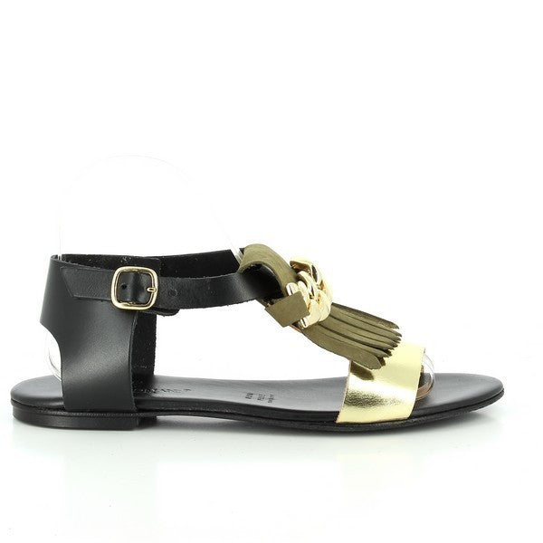 The Antichi Romani 942 Gold & Black Fringe Slingback Sandals are beautifully arranged against a soft, neutral background, showcasing their striking design. The upper features a luxurious black leather base adorned with elegant gold fringe detailing that adds a touch of flair and sophistication.