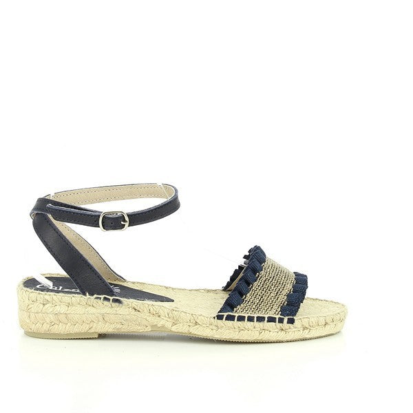 A pair of Calzanor 2240 Paris Navy Slingback Espadrilles is elegantly displayed against a soft, neutral background. The shoes feature a classic navy leather upper with a round toe and a stylish slingback design, showcasing their refined craftsmanship. The jute-wrapped sole highlights the eco-friendly materials used, while the 3.5 cm heel adds a subtle lift. Ideal for casual outings or dressing up, these espadrilles blend comfort and chic style seamlessly.