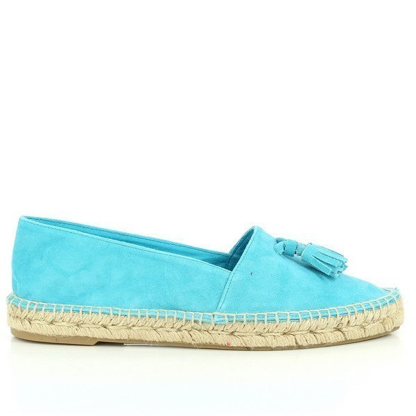 The photo showcases a pair of Calzanor 9440PO Aqua Blue Espadrilles, featuring a vibrant aqua blue leather upper paired with a natural jute sole. The espadrilles have a round toe shape for a comfortable fit and a leather lining for added luxury. The 1 cm heel-platform provides a subtle lift, making them perfect for all-day wear. The eco-friendly jute sole offers flexibility and durability, ensuring long-lasting comfort.