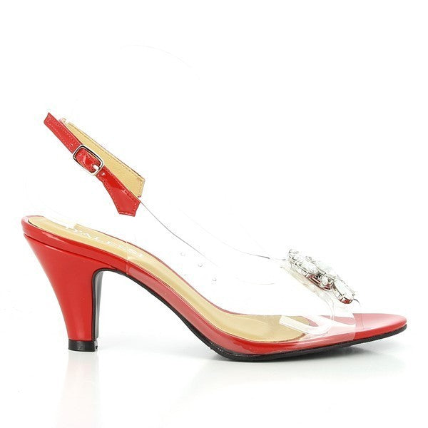 The photo features a pair of Dalessi Dahlia Red Slingback Heels, showcasing their bold red synthetic upper. The peep-toe style offers a stylish front view, with transparent panels adding a modern touch. Black lining and heel create a striking contrast against the vibrant red, enhancing the design's sophistication. A decorative jewel on the front adds a touch of luxury and sparkle. The 8 cm heel height provides an elegant lift, combining both comfort and style for any occasion.
