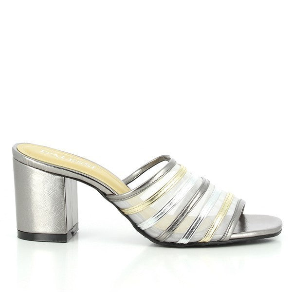 The side profile of the Dalessi Dante Pewter Slides showcases the smooth synthetic upper with a subtle metallic sheen. The 8 cm heel adds a sophisticated lift to the streamlined silhouette.