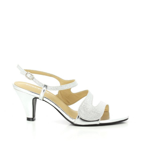 A pair of Dalessi Daytona Silver Slingback Heels, featuring a sleek synthetic upper with a shiny silver finish, a comfortable leather lining, and a rounded toe. The heels stand at 7cm, providing a chic lift. The shoes are set against a neutral background, showcasing their elegant design and versatile style, perfect for any occasion.