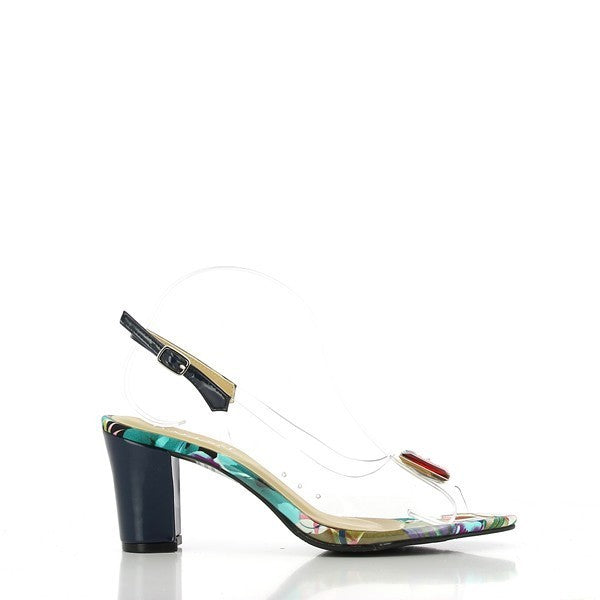 A side view of the Dalessi Dazzle Blue Slingback Heel, featuring its smooth leather upper in a rich blue hue, complemented by the sleek round toe and elegant slingback strap.