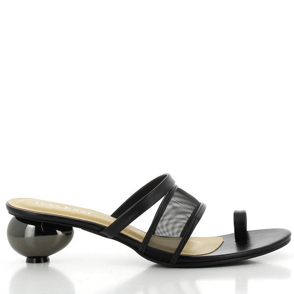 The side view of the Dalessi Dewdrop Black Slides highlights their sleek silhouette. The 4cm heel-platform provides a subtle lift, while the round decorative element on the heel adds a unique, stylish touch. The mesh upper strap and thong strap create a modern, breathable design.