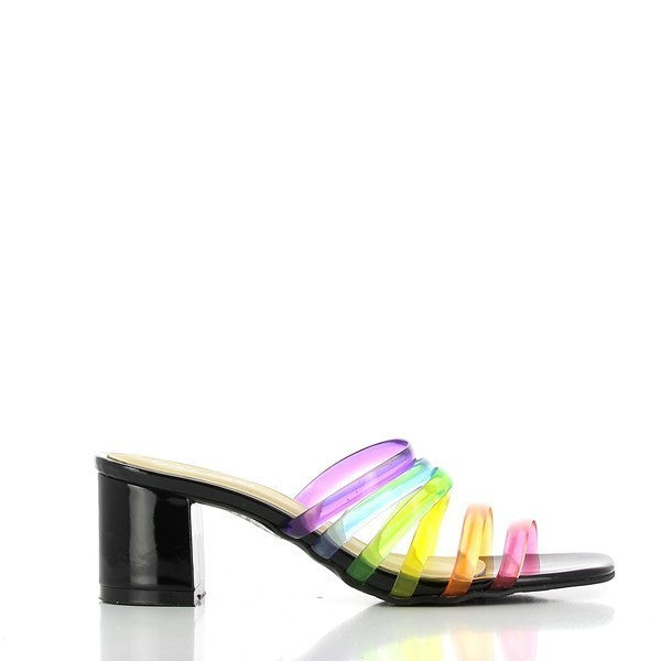 The side view of the Dalessi Diffuse Black & Rainbow Slides showcases the sleek black leather base, while the six vibrant rainbow straps wrap elegantly across the foot. The 6.5 cm heel-platform offers a subtle lift, and the round toe shape adds to the shoe's balanced and comfortable design.
