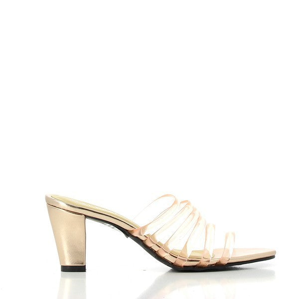 The side view of the Dalessi Diffuse Rose Gold Straps slides highlights the sleek leather construction and the soft curve of the footbed. Six thin rose gold straps elegantly cross the foot, offering a modern yet sophisticated look. The 6.5 cm heel-platform adds a subtle lift, enhancing the overall silhouette.
