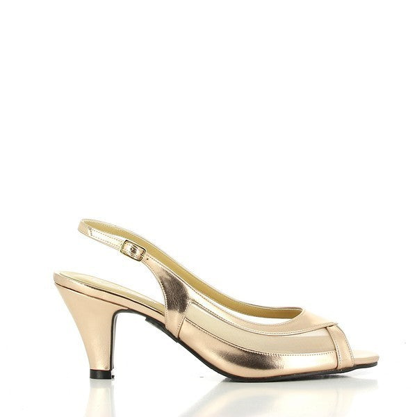 The side view of the Dalessi Diora Rose Gold Sandals showcases the elegant peep-toe design with a luxurious rose gold leather upper. The mesh material on the sides adds a subtle texture, enhancing the sandal's chic appeal. The synthetic sole provides durability and comfort.