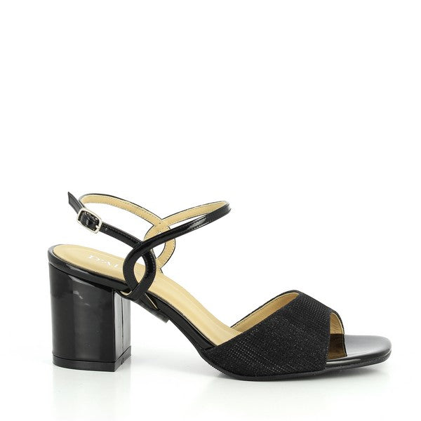 The side view of the Dalessi Distinct Black Slingback Sandals highlights the sleek synthetic upper with an open design, complemented by the 7 cm heel-platform. The slingback strap adds elegance and functionality, while the synthetic sole ensures durability.
