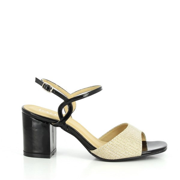 The side view of the Dalessi Distinct Black & Gold Slingback Sandals highlights the sleek black synthetic upper with elegant gold accents. The open upper and 7 cm heel-platform create a sophisticated silhouette, perfect for any occasion.