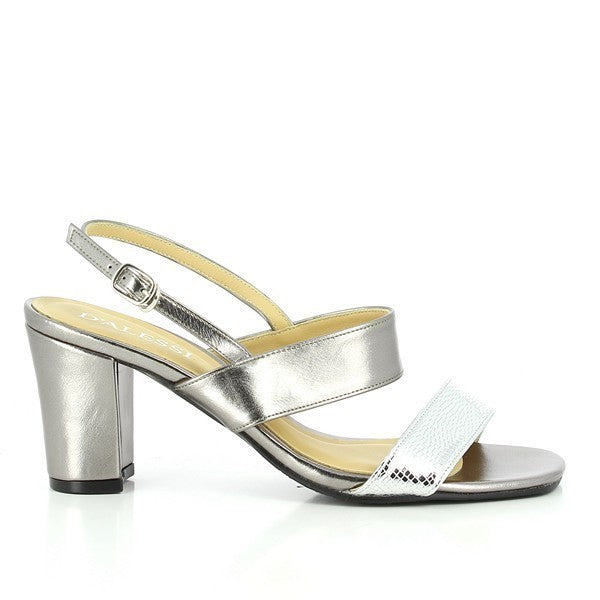 The side view of the Dalessi Ditto Pewter Slingback Sandals highlights the smooth synthetic pewter upper and sleek, modern design. The 7.5 cm heel adds a sophisticated lift, making it perfect for both casual and elegant occasions.