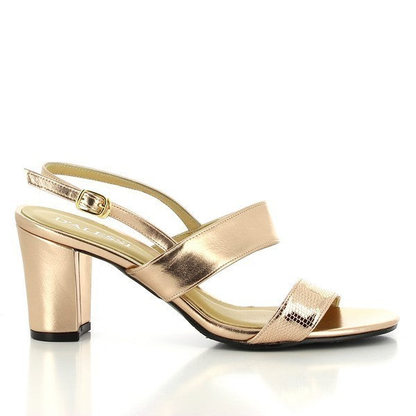 The side view of the Dalessi Ditto Rose Gold Slingback Sandals showcases the sleek synthetic rose gold upper with a sophisticated, modern finish. The 7.5 cm heel adds a chic touch while maintaining stability.