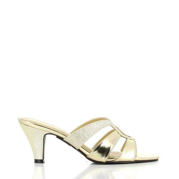 A sleek side profile showcasing the gold leather upper and the clean, minimalist design. The 8 cm heel-platform adds an elegant lift while maintaining a stylish silhouette.