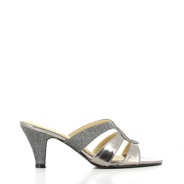 A sleek side profile that highlights the metallic pewter leather upper and the elegant 8 cm heel-platform. The design showcases a sophisticated, minimalist aesthetic.