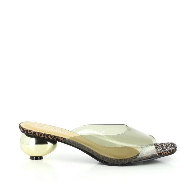 A side profile showcasing the leopard print upper with a transparent overlay, the open-toe design, and the luxurious 4.5 cm round gold heel.