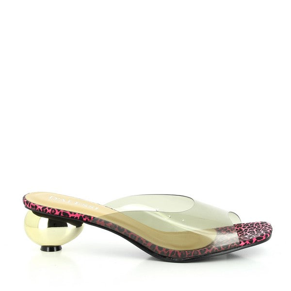A sleek side profile showcasing the vibrant pink leopard print upper with a transparent overlay, the open-toe design, and the 4.5 cm round gold heel.
