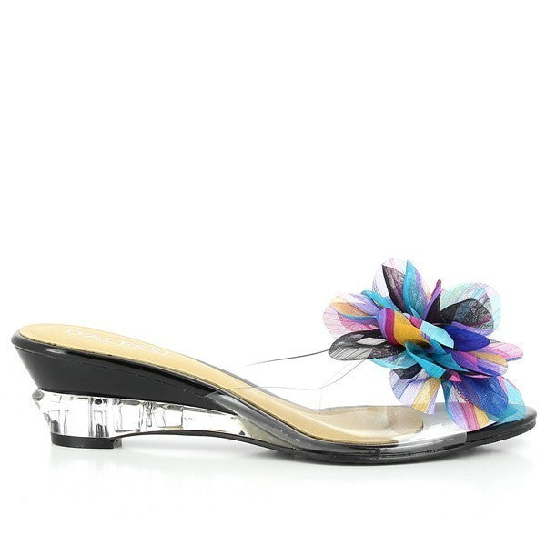 A sleek side profile of the Dalessi Dreama Black Slides, showcasing the transparent upper adorned with multicolour flower decor and the 5cm platform heel.