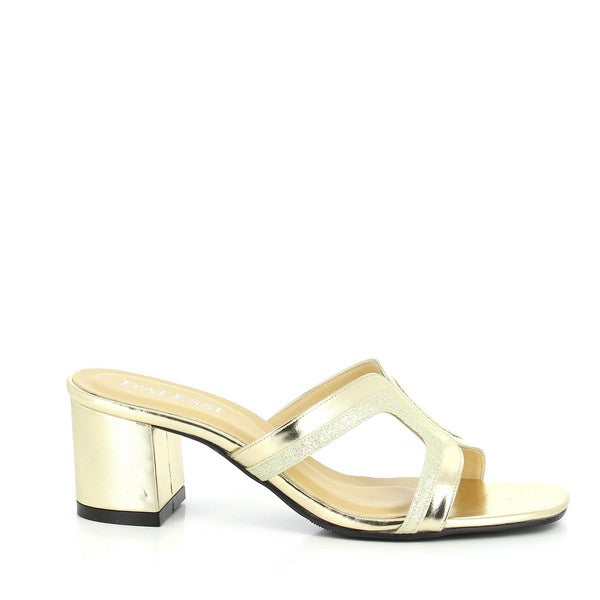 A sleek side view of the Dalessi Dualism Rose Gold Slide, highlighting the luxurious leather upper with open sides, the 6 cm heel-platform, and the rounded toe shape for a timeless silhouette.