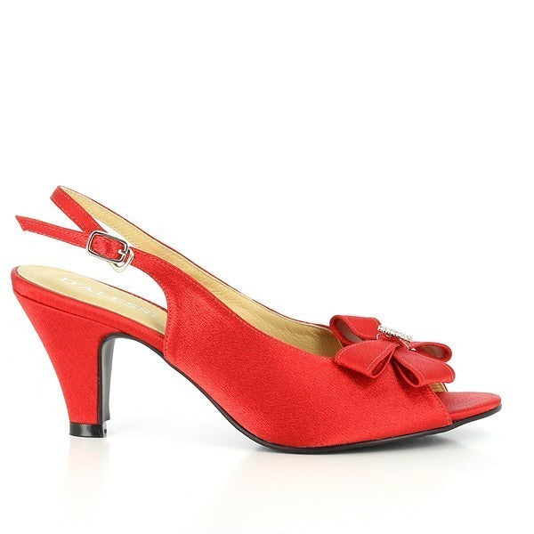 A side view of the Dalessi Duedrop Red Slingback Heels, highlighting the smooth synthetic upper, front bow detail, and the elegant curve of the 8 cm heel.