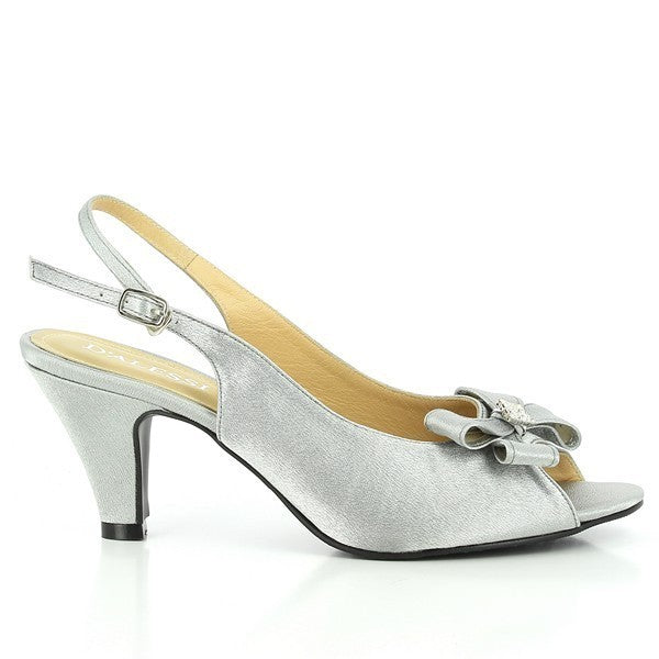 A side view of the Dalessi Duedrop Silver Slingback Heels, showcasing the sleek synthetic upper, graceful 8 cm heel, and stylish peep-toe design.