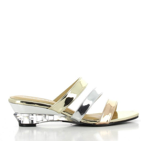 The Dalessi Deflect Black & Silver Slides feature three metallic front straps in gold, rose gold, and silver, paired with a transparent 4.5 cm wedge heel for a stylish, modern look. Perfect for versatile, comfortable wear.