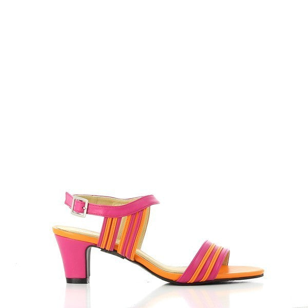 A clear side profile of the Dalessi Paprika Fuchsia Slingback Sandals, showcasing the elegant leather strap in orange and fuchsia, with a 6.5 cm heel-platform height.