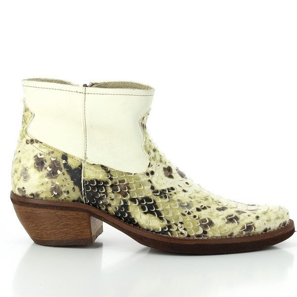 The Felmini 9574 White Snake Print Ankle Boots are shown from the side, highlighting the sleek design of the leather upper with its bold white snake print pattern. The 5cm heel is visible, offering a refined silhouette.