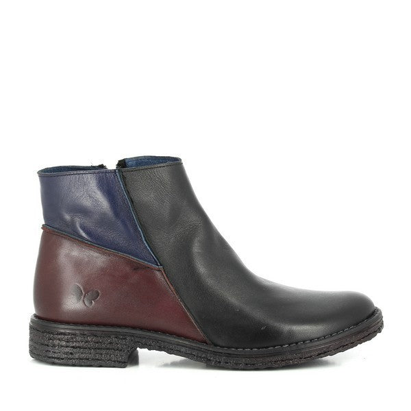 A profile shot of the Felmini 9902 Black & Brown Ankle Boot, showcasing its sleek leather upper in a rich combination of black, brown, and navy. The round toe and smooth lines highlight its stylish and versatile design.