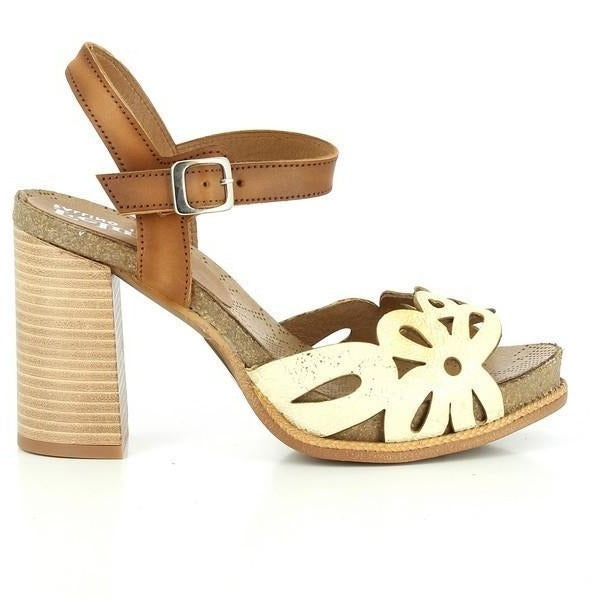 The Felmini A074 White & Tan Sandals showcase a sleek and modern design with a tan slingback ankle strap and a white decorative front strap featuring a floral pattern.